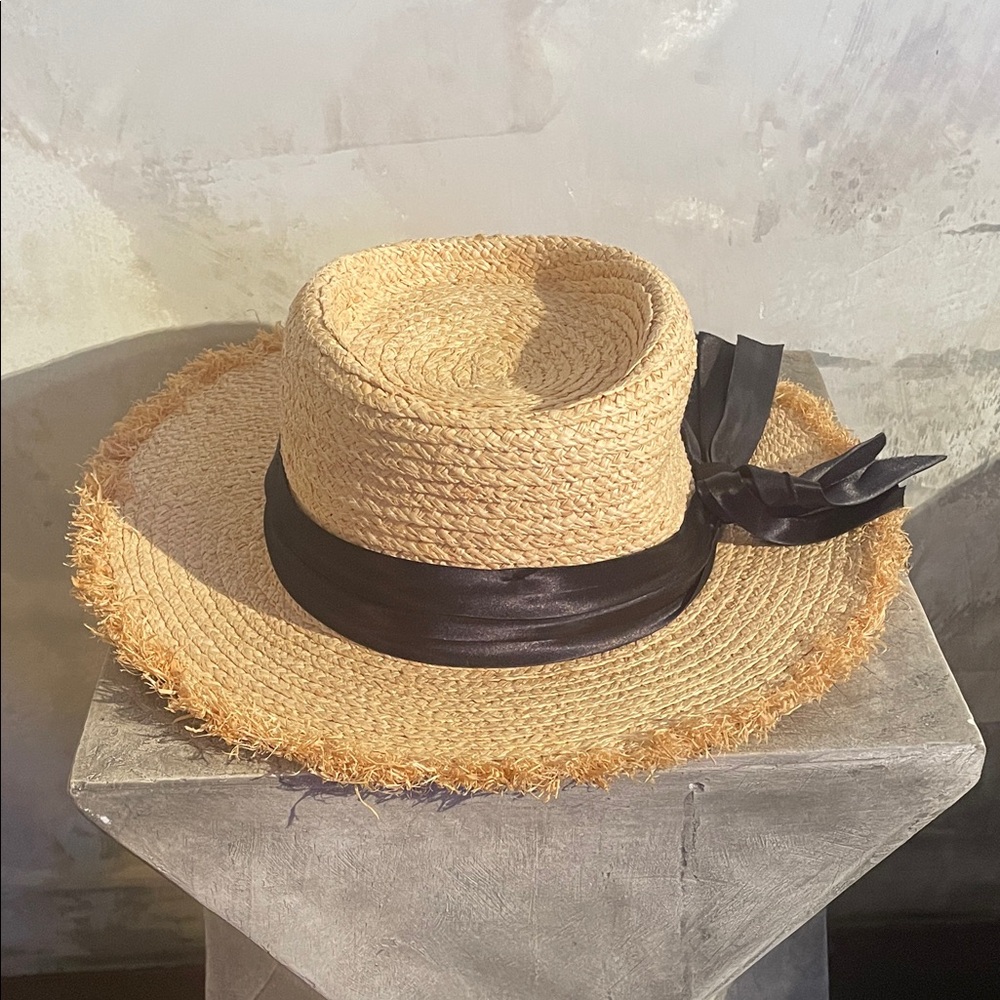 Tan Straw Hat with Black Ribbon